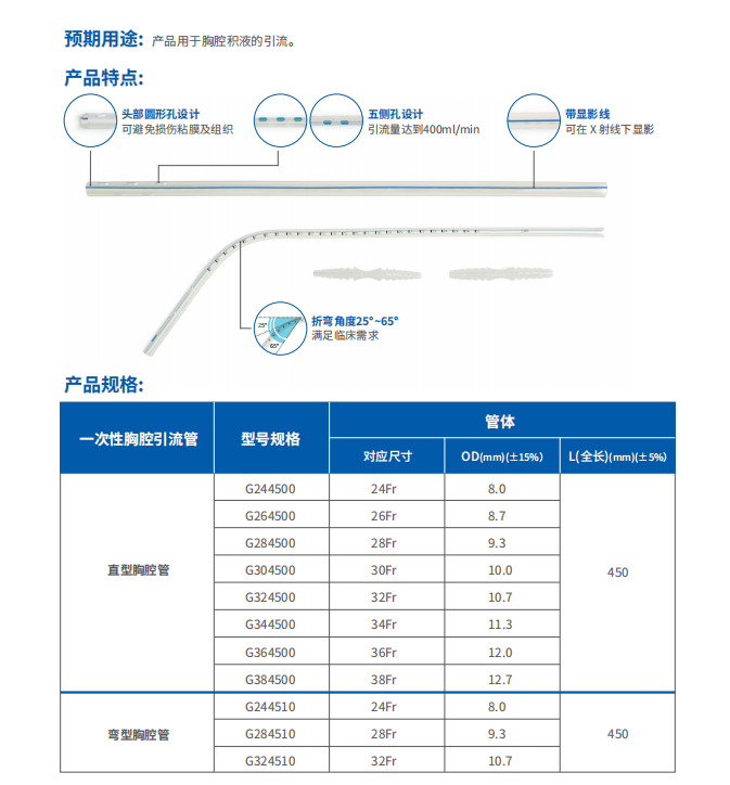 華坤一次性使用胸腔引流管g244500